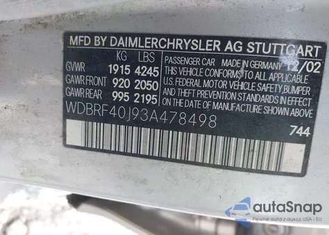 2003 Mercedes-Benz C 230 Kompressor Sport from USA, damaged, VIN WDBRF40J93A478498